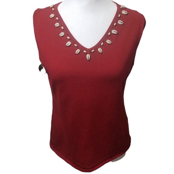 VNTG Dress Barn Red Spun Silk Blend Tank Top Size 10 Seashell Trim Nautical - Picture 1 of 9